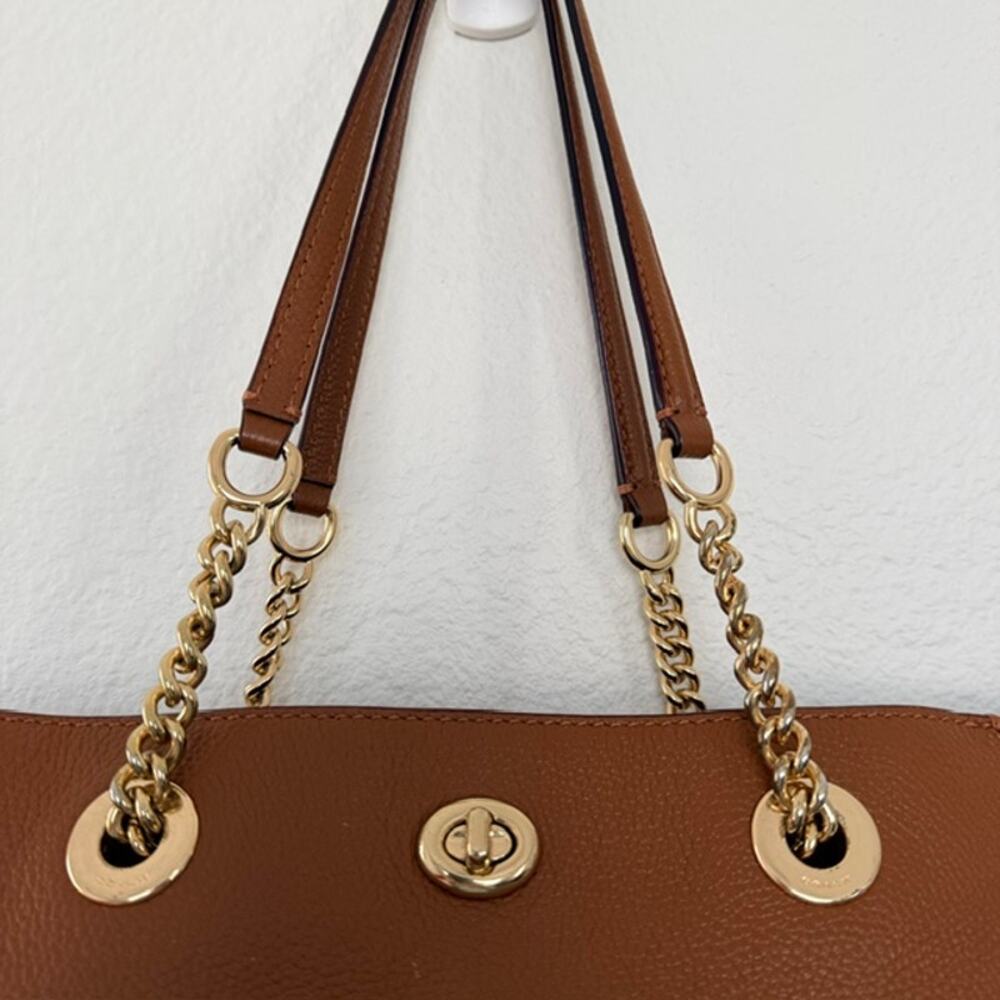 Coach Turnlock Gold Chain Tote Saddle Brown Polished Pebble Leather Gold No Tag - Picture 4 of 16